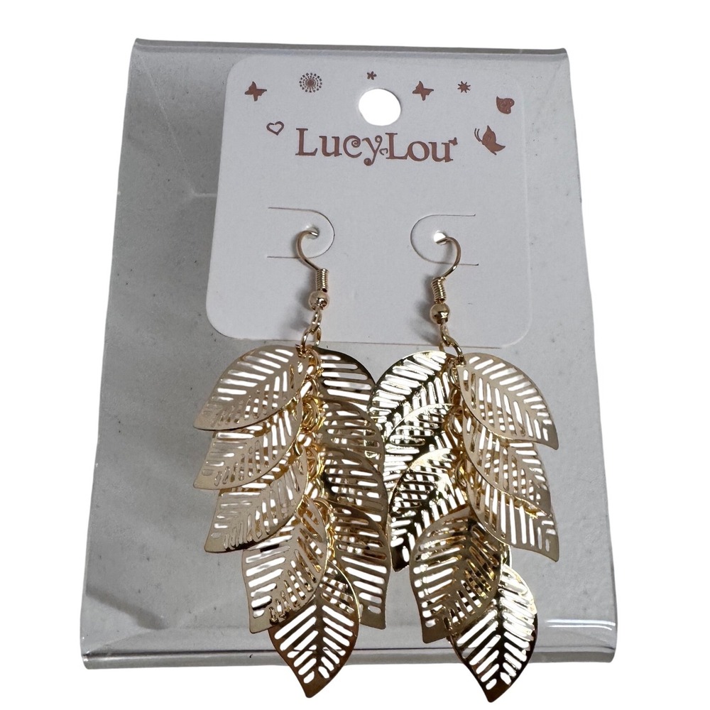 Lucy Lou Gold Tone Tiered Filigree Leaf‎ Dangle Statement Earrings NEW Y2K Chic